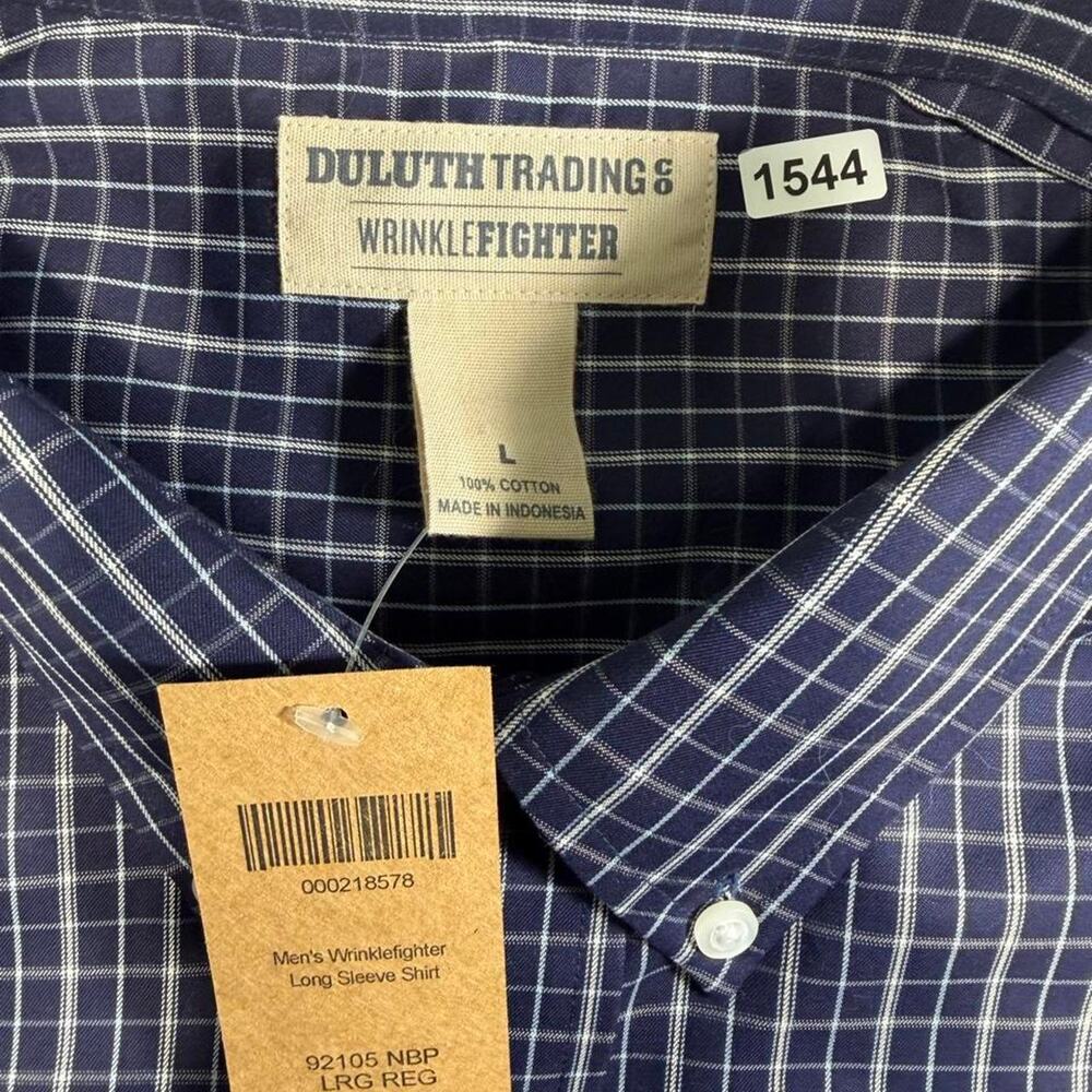 Duluth Trading Co Mens L Wrinklefighter Shirt Navy Check Plaid Long Sleeve NWT - Picture 3 of 5